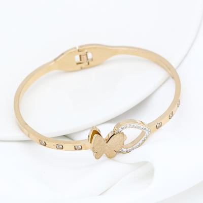 China Wholesale Luxury Vintage New Arrival Stainless Steel Diamond 18K Gold Plated Bangle Jewelry Butterfly Decoration for sale