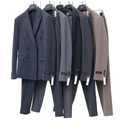 China Anti-Wrinkle Striped Men's Casual Double-breasted Two-Piece Suit New Slim Korean Fashion Suit Wedding Dress for sale