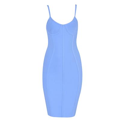 China Anti-Static Bandage Dress Fabrics Club Party Apparel Spaghetti To Tie New Light Blue Spandex Stretchy Tight Bandage Dress for sale