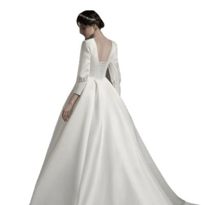 China Solid White Clean Simple Elegant Illusion Dress Wedding Ball Gown Breathable Plain Long Sleeve Homecoming With Long Trail for sale