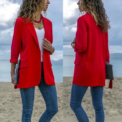 China Anti-wrinkle Women's Casual Blazer Long Sheath Open Front Notched Lapel Solid Color Ladies Office Coat for sale