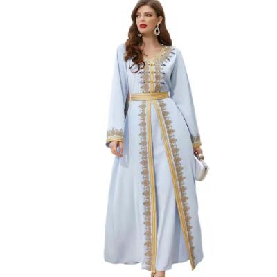 China Breathable Light Blue Hand Sewn Modest Muslim Evening Dress Long Sleeve Two Piece Strap Drill Women's Clothing for sale