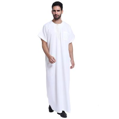 China Middle Eastern Traditional Abaya for Men Islamic Clothing Embroidered Muslim Thobe Short Sleeve Design Kaftan Long Robe for sale