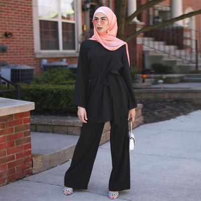 China Simple Wide Leg Pants Modern Islamic Casual Muslim Pant Suits Middle East Women Clothing Dubai Fashion Wholesale Lace Up Muslim Suit for sale