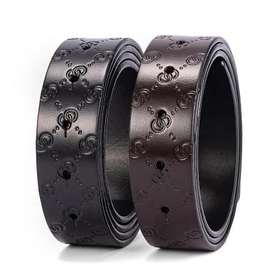 China Comfortable Mens Leather Belts Logo Custom Embossed Genuine Leather Belts Fasten Italian Mens Cowhide Leather Belt Strap To Slip Buckle for sale