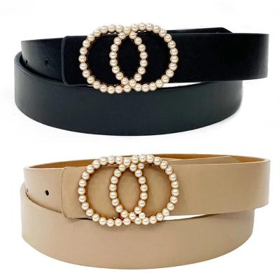 China Double Ring Women Belt Round Circle Bead Dress Belt Buckle PU Leather Waist Belt Ties Jeans Accessories for sale