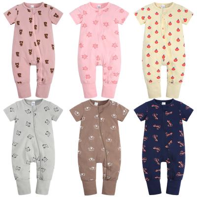 China 2022 New Cotton Baby Cartoon Printed Jumpsuit Overalls Boys Girls Short Sleeve Zipper Rompers Overalls for sale