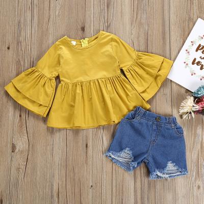 China 2021 New Summer Casual Girls Flare Sleeve Shirt Tops And Denim Shorts 2pcs Set Girls Summer Dress Set for sale