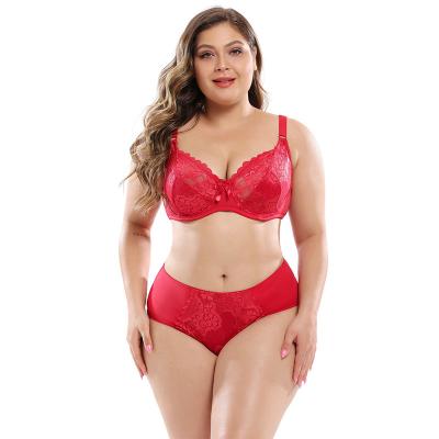 China Fat Women Anti-Static Large Breasts Plus Size XL Lace Lingerie Underwear Panties Cup Bra Set Large For Ladies for sale