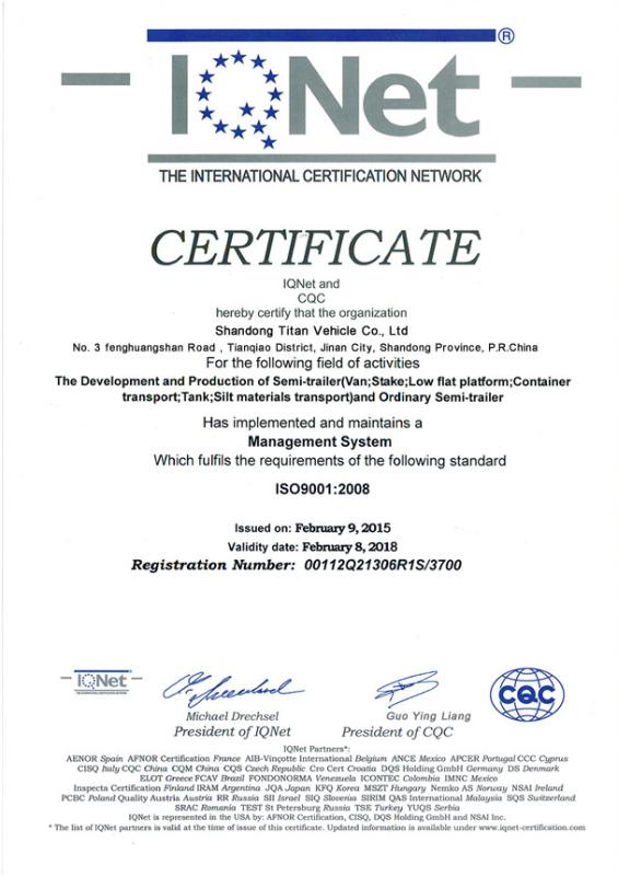 CERTIFICATE IQNET AND CQC - Shandong Titan Vehicle Co.,Ltd