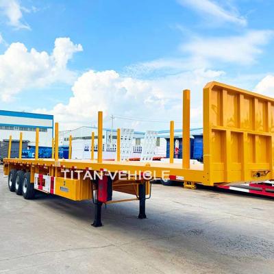 China TITAN 3 Axle Flatbed Trailer wilth Columns Wood Log Trailer Timber Trailer Wood Steel Pipe Transport Trailer for Sale for sale