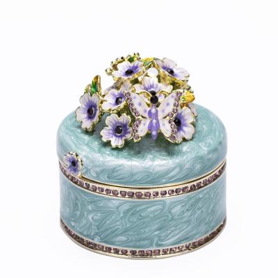 China Best Good Quality Metal Metal Trinket Selling Round Blue Rhinestones Metal Trinket Boxes Unique Trinket Box Small Gift for sale