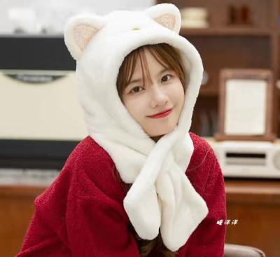 China Medium Ladies Winter Hat And Ears Two-Piece Cute Plush Scarf Cat Hearing Protection Warm Scarf All-In-One for sale