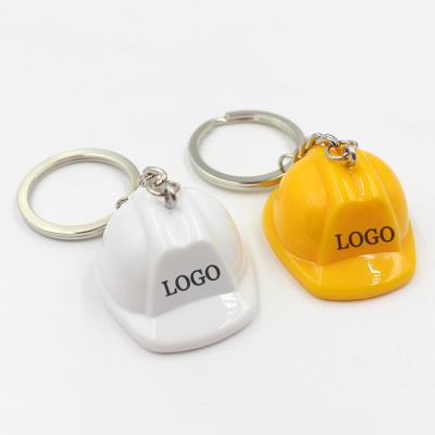 China Hot Yellow ABS Plastic Mini Safety Helmet Keychain Cute Mini Appearance Amazon Logo Printing Custom Cheap Hat Shape Plastic Key Rings for sale