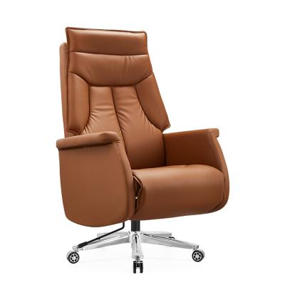 China (Size) Modern Luxury Adjustable Executive Recliner Swivel Chair Boss Office Chairs High Back Brown Genuine Leather Chair With Footstool for sale