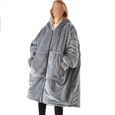 China PORTABLE Sherpa Home Wearable Fleece Hoodie Oversized Blanket With Full Zipper Sleeves Big Pocket Sweatshirt for sale