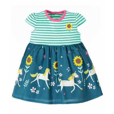 China Little Girls Summer Washable Adorable Dress Green Flutter Sleeve Unicorn Print Flare Ruffle Striped Dress for sale