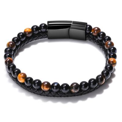 China Mens Handmade CLASSIC Tiger Eye Stone Braided Leather High Quality Jewelry Beaded Bracelet With Magnetic Clasp for sale