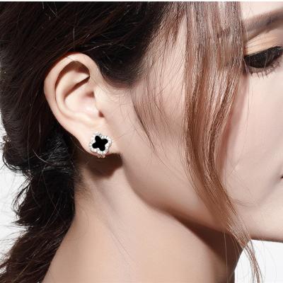 China European and American Sterling Silver Needle Women's Black Earrings Casual/Sporty Four Zircon Earrings Stud Petal Leaf Jewelry for sale