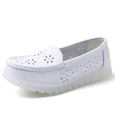 China Summer Anti-slip Cool Air Sole Comfortable Slip On Platform Casual Breathable Loafer White Genuine Leather Females Work Nurses Shoes for sale