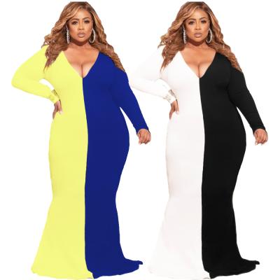 China 2021 Autumn Breathable Women Contrast Color Bodycon V-Neck Long Sleeve Plus Size Maxi Dress for sale