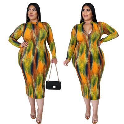 China 2021 Autumn Breathable Women Tied Dyed Bodycon Plus Size Turtle Neck Sleeve Midi Dress -Both Sides Waist Long for sale