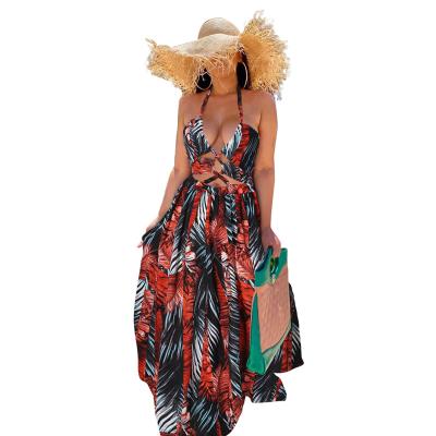 China 2021 Summer Breathable Seaside Casual Floral Print Dresses Halter Maxi Dress For Ladies for sale