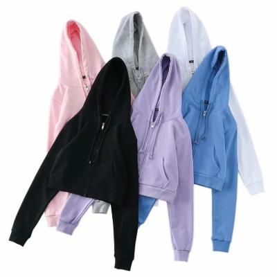 China Autumn 2021 Women Long Sleeve Breathable Casual Loose Solid Drawstring Crop Top Zipper Hoodies for sale