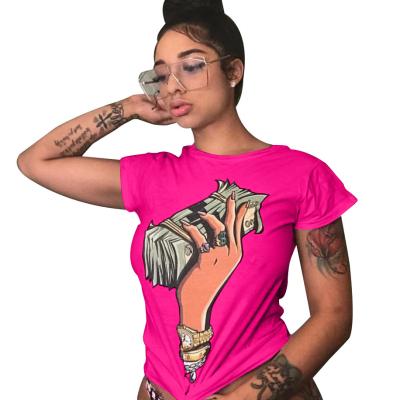 China Breathable Tops Women Summer Clothing Tees Hot Selling Money Printed Girls Cotton Short Sleeved T-shirts for sale