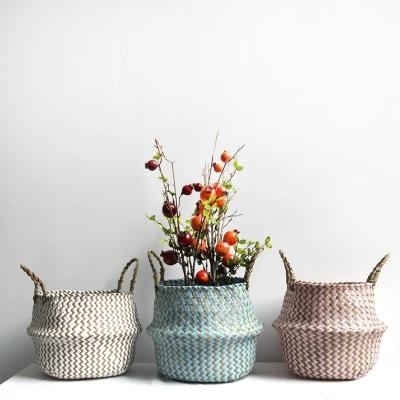 China Sustainable Home Striped Storage Baskets Wicker Laundry Basket Straw Patchwork Seagrass Storage Basket Folding Handmade for sale