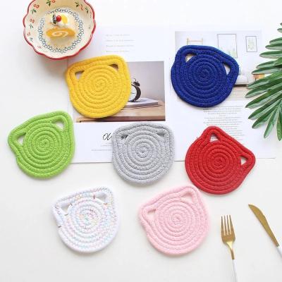 China Mat Handmade Cotton Rope Potholder Cat Ear Shape Coaster Place Mat Kitchen Non-slip Table Durable Accessories Heat Resistant Cup Pad for sale