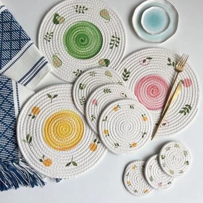 China Cup Coaster Insulation Pot Woven Cotton Rope Placemat Round Household Table Viable Creative Printing Dish Mat for sale