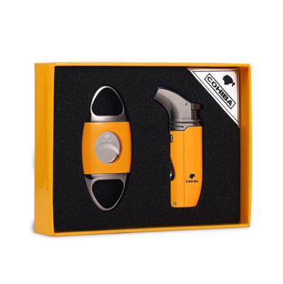 China Luxury Eco-friendly Torch Lighter Cigar Cutter Gift Set Travel Cigar Lighter Accessory Set for sale