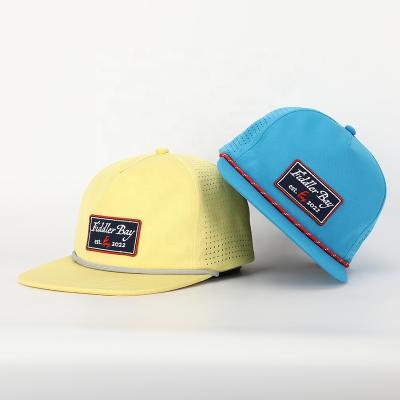 China Wholesale Custom Patch Logo 5 Panel Polyester Rope Snapback Hat, Unstructured Gorras Flat Brim, Laser Cut Perforated Hole Hat for sale