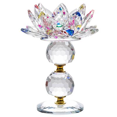 China Luxury Rainbow Color Crystal Lotus Candle Holder Europe Decoration Wedding Gift Buddha for sale