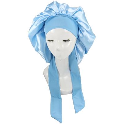 China Character Woman Extra Large Satin Hair Hood With Wrap Sleep Hoods With Belt Band Tails Silk Tie Hood for sale