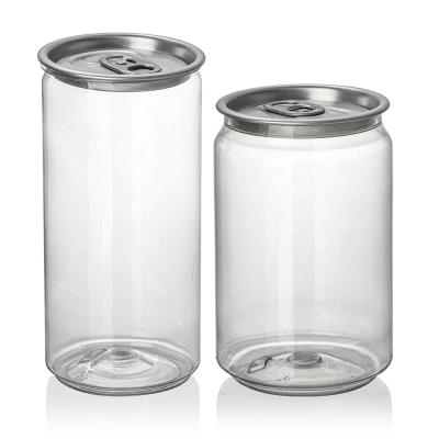 China 250ml 350ml 400ml 500ml 650ml Hot Selling 750ml Transparent PET Beverage Can Plastic Can Drink Soda Coffee Drink Can for sale