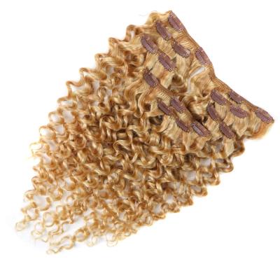 China Curly Loop 7Pcs Clip in Brazilian Hair Extension Jerry Curly Honey Blonde #27 Color Remy Hair Extension Clip for sale