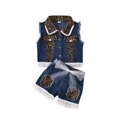 China Sunny Baby Children Clothing Summer Casual Girls Lapel Denim Sleeveless Top + Shorts Set for sale