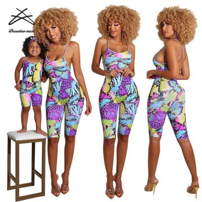 China New Women's Breathable Mom Babies Kids Family Set Sling Sleeveless Women Jumpsuit Summer Sexy Rompers Printed Short Pants Overalls for sale