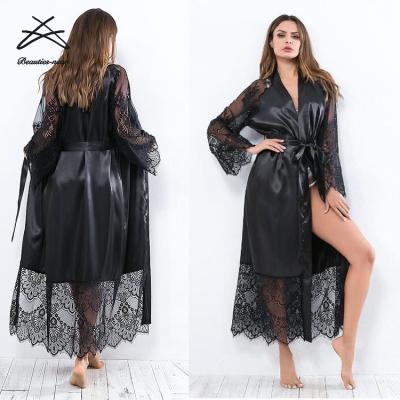 China Sexy Lingerie 2021 Nine Piece Breathable Women Style Long Plus Size Lace Belt Sexy Lace Nightgowns Lingerie Coat Nightgowns Long Robe Sleepwear for sale