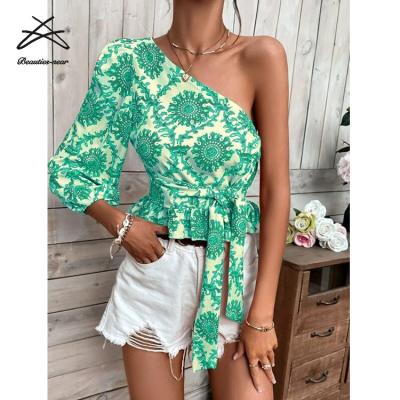 China New Pattern Print One Shoulder T-shirt Waist Collar Blouses Office Casual Upper Lace Up Oblique Sexy Breathable Fashion Women Long Sleeve Blouse for sale