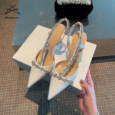 China Fashion Trend Women's Bridal Wedding Rhinestone Strap Bride Heeled Toe High Thin Heels Shoes Pointed for sale