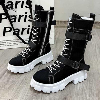 China 2022 Fashion Trend Women's Calfskin Mid Boots Fashion Autumn Footwear Female Chunky Canvas Woman Platform Shoes Zip Up Ladies Midi Boots for sale