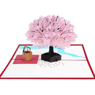 China Europe Map Pop Cherry Blossom Couples Picnic Basket Up 3D Wedding Sakura Lovers Greeting Card Valentines Day for sale