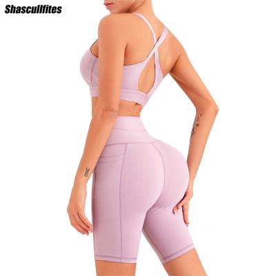 China Shascullfites Women's Breathable Sports Suit With Shorts Yoga Gym Sets Sports Bra Crop Top Tracksuit Exercise Fitness Clothing for sale