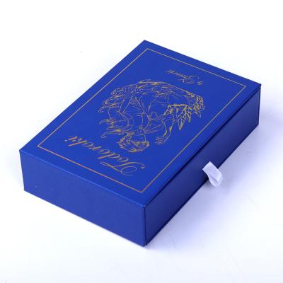 China Recycled Materials Navy Blue Gold Foil Stamping Skin Care Product Packaging Drawer For Men Style Matchbox Cheap Gift Box OEM Sea Elegant Custom Logo for sale