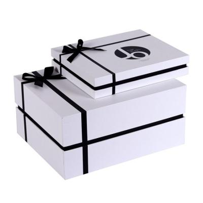 China Recyclable custom big size white paper gift box packaging eco branded luxury with black bow ribbon for hair products/garments/cosmetics/bags for sale