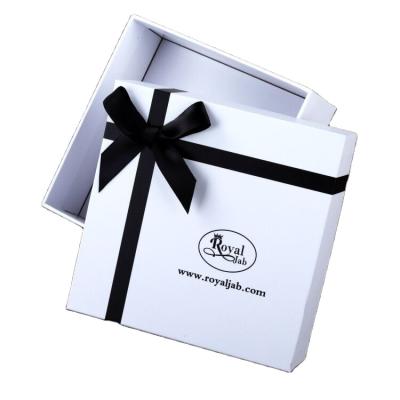 China Recyclable Custom Logo Two Pieces Luxury White Lid And Ribbon Bottom Packaging Bow Tie Rigid Paper Gift Boxes For Gifts Pack / Apparels for sale