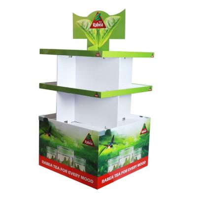 China Custom Recyclable And Customized Printing Shop 3 Tier Tea Party Drinks Cardboard Display Stand Large Cardboard Tea Bags Coffee Products Pallet Display Rack for sale